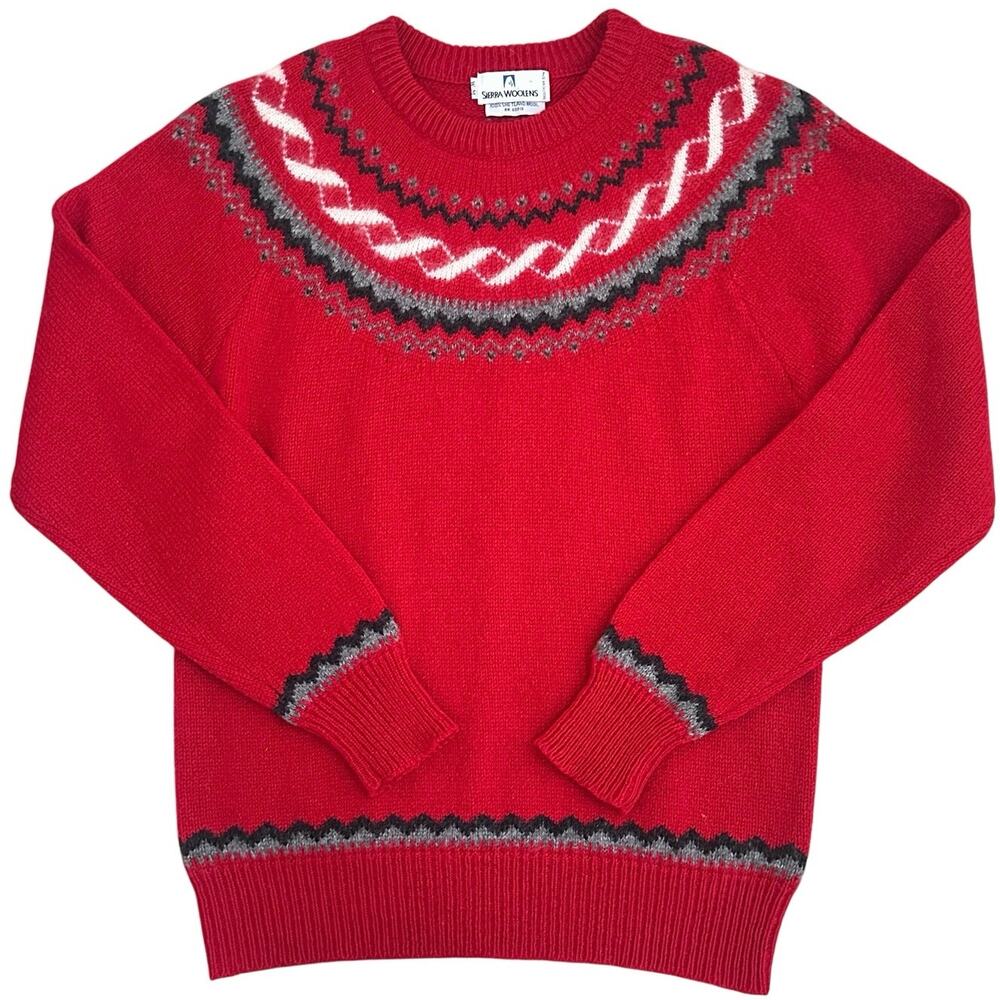 Vintage Sierra Woolens Shetland Wool Fair Isle Sweater Red White Nordic Medium